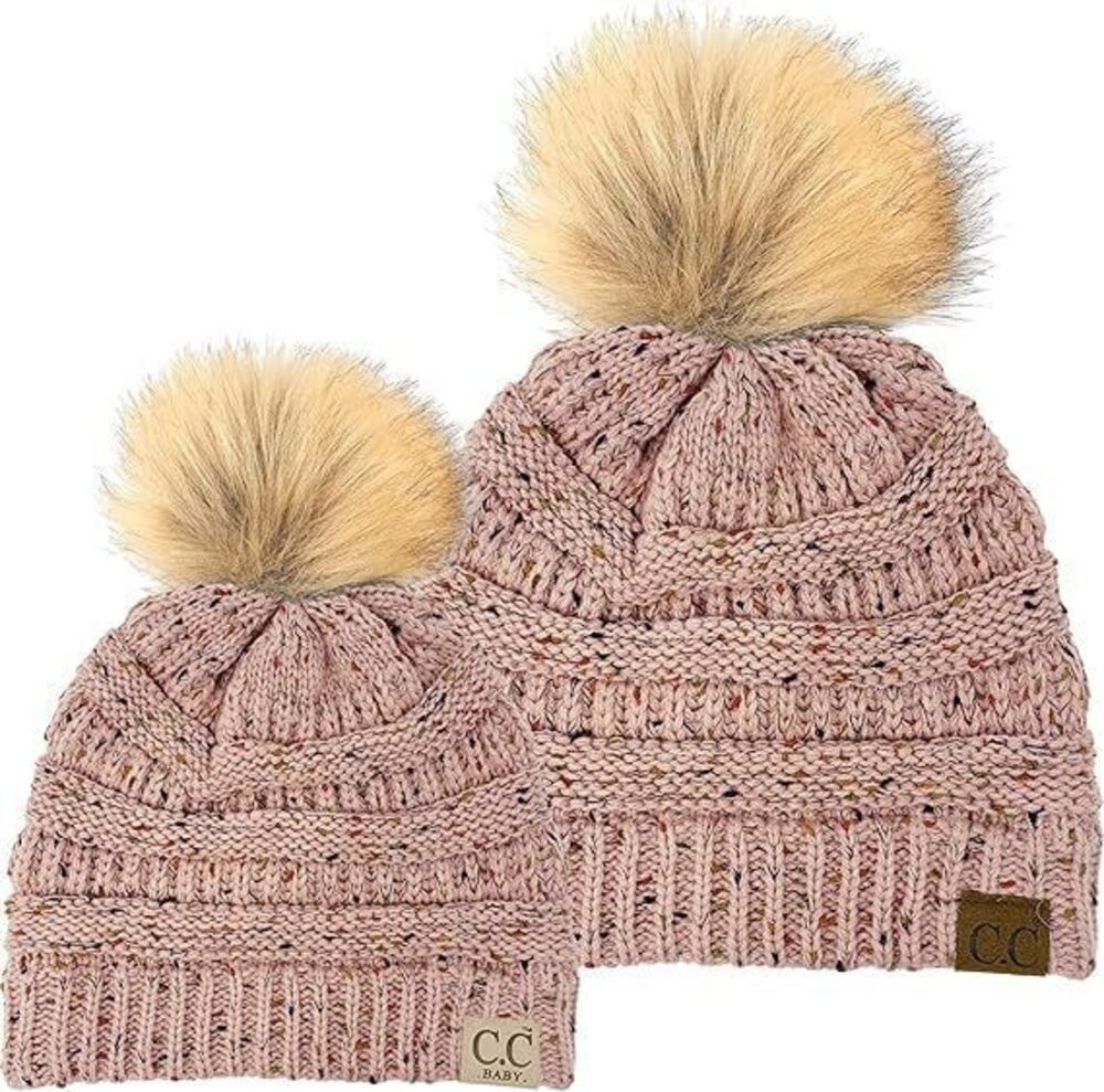 7879 Matching 2 Pack: Adult/Infant - Confetti Indi Pink - Faux Fur Pom
